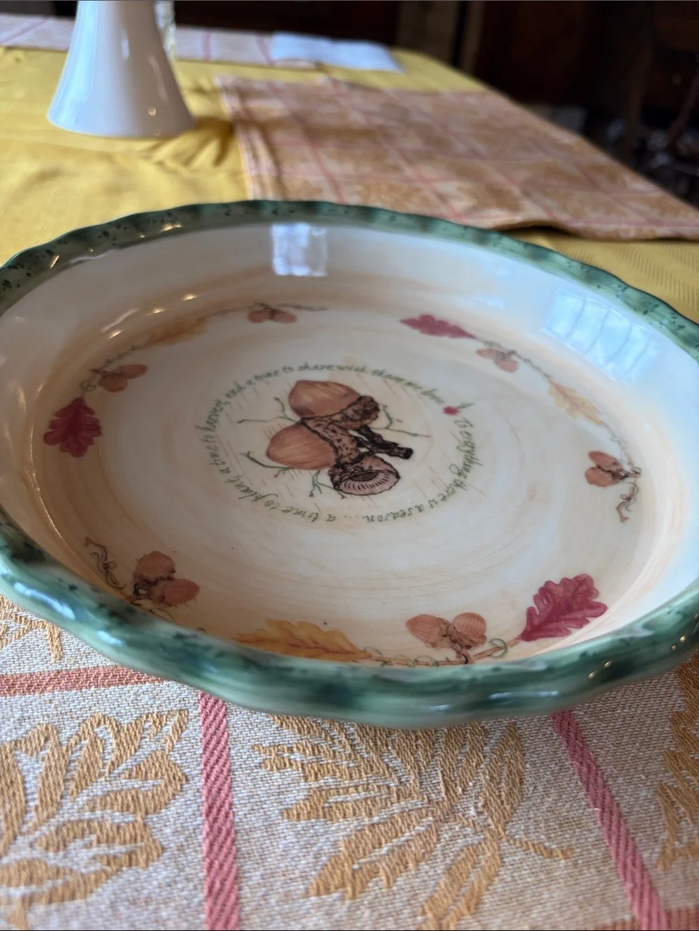 Russ Berrie Ceramic Serving Bowl with Green Rim and Autumn Motif